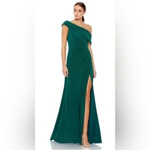 One Shoulder Cap Sleeve Ruched Thigh High Slit Faux Wrap Gown